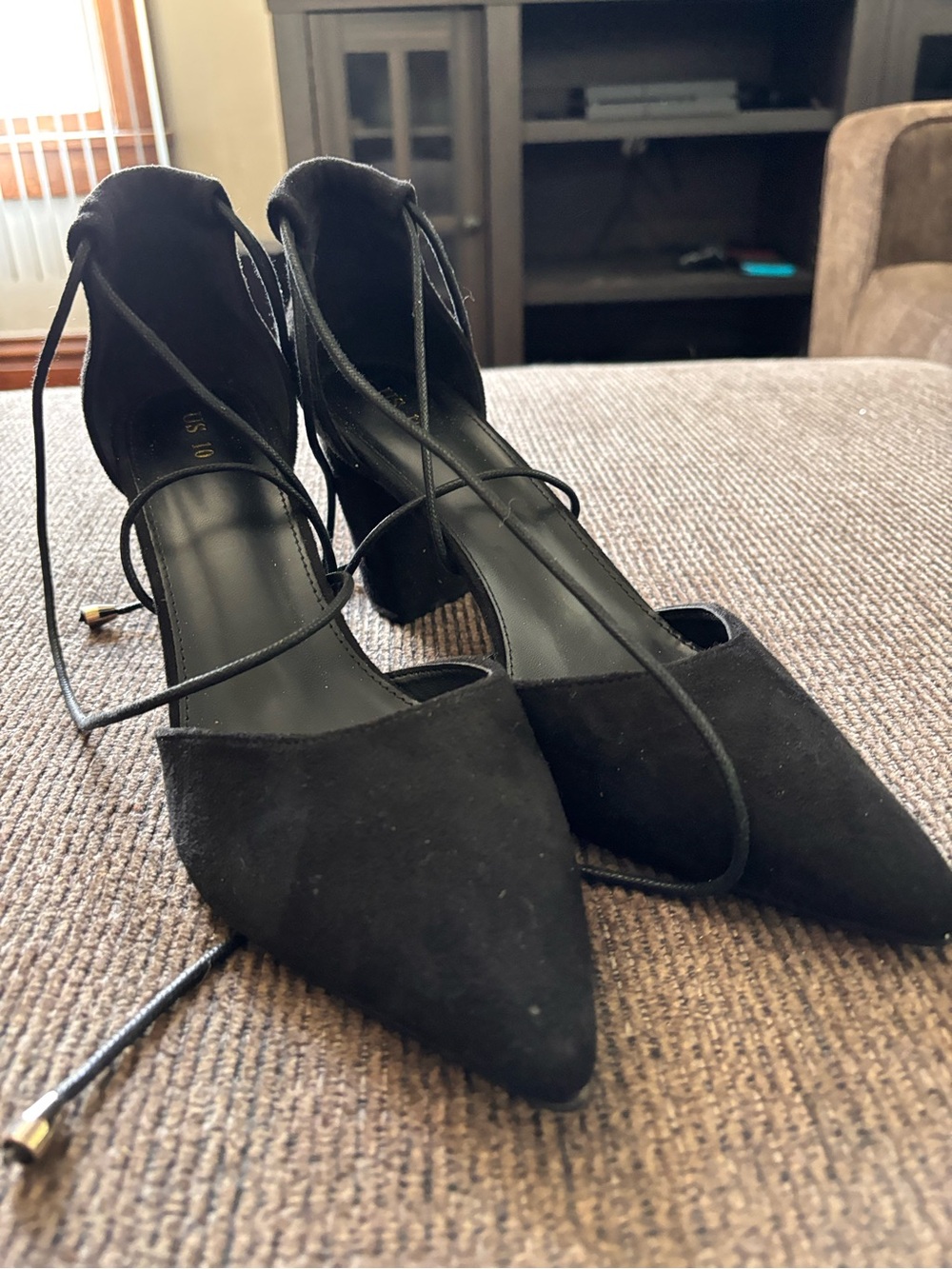 Allegra K Black Suede Pointed Lace-Up Block Heel Pumps